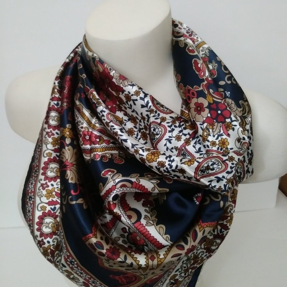 Elegant Paisley Navy Blue Silk Scarf - Picture 6 of 11